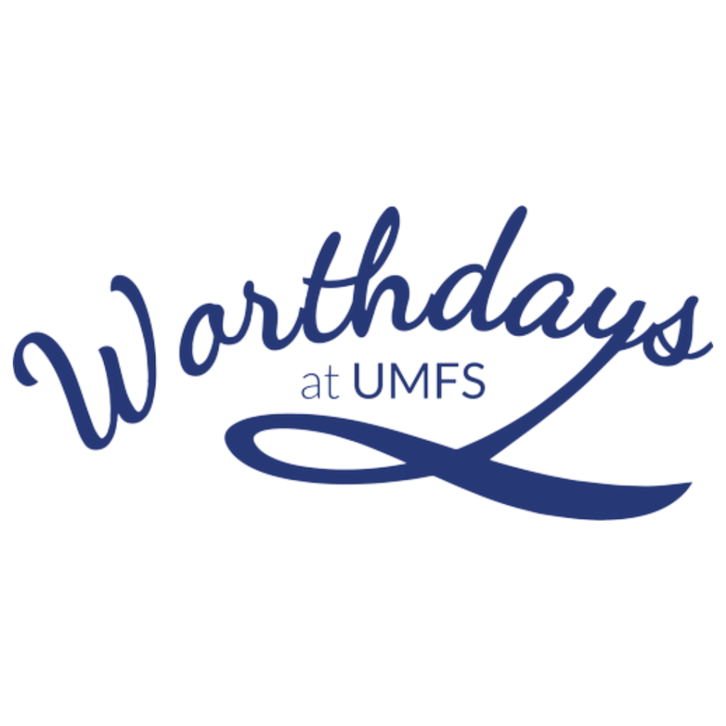 Worthdays at UMFS logo in blue on a white background, part of the mission and community page.