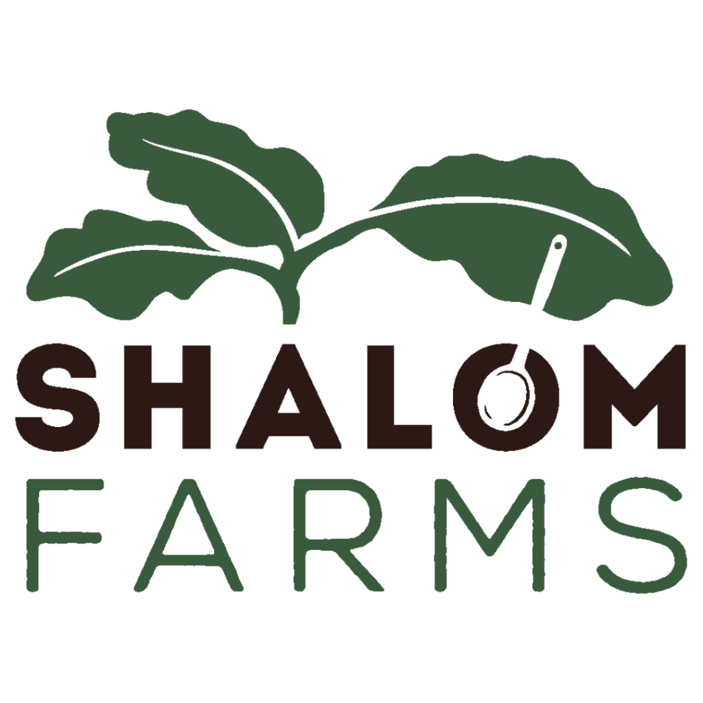 Shalom Farms logo featuring green leaves and text, part of the mission and community page.