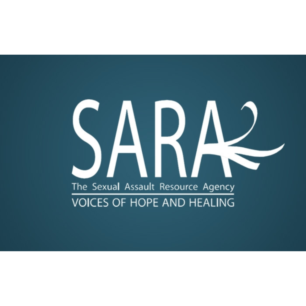 SARA (Sexual Assault Resource Agency) logo with the tagline 'Voices of Hope and Healing,' featured on the mission and community page of Scents of Serenity Day Spa.