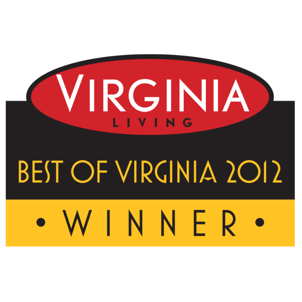 Virginia Living Best of Virginia 2012 Winner badge, featuring bold white and yellow text on a black and red background.