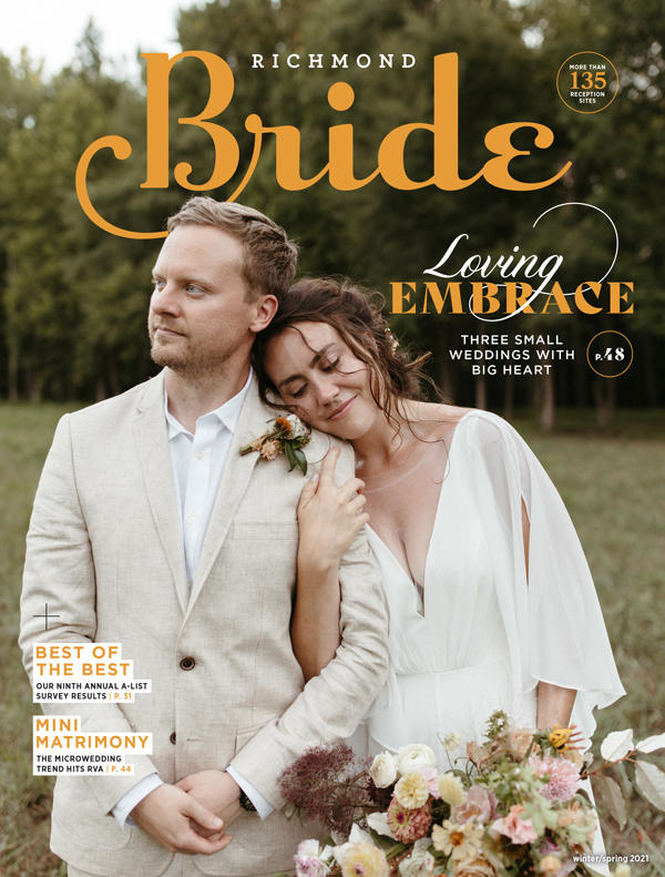 Richmond Bride magazine cover featuring a couple in an intimate embrace in a serene outdoor setting, highlighting three small weddings with big heart, along with the best wedding pros and micro-wedding trends for winter/spring 2021.