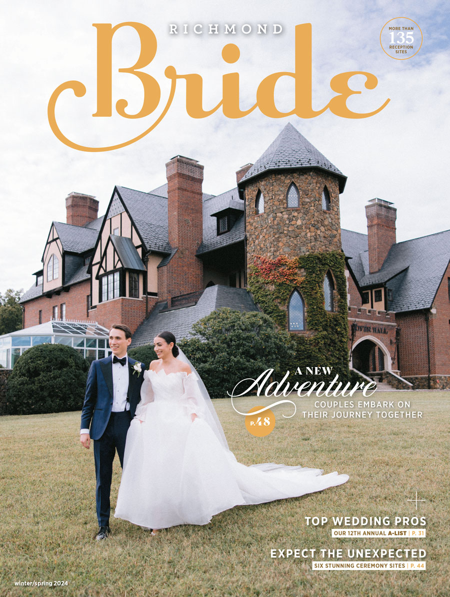 Richmond Bride magazine cover featuring a newlywed couple standing in front of a historic, castle-like venue, highlighting their wedding adventure with a focus on top wedding pros and stunning ceremony sites for winter/spring 2024.
