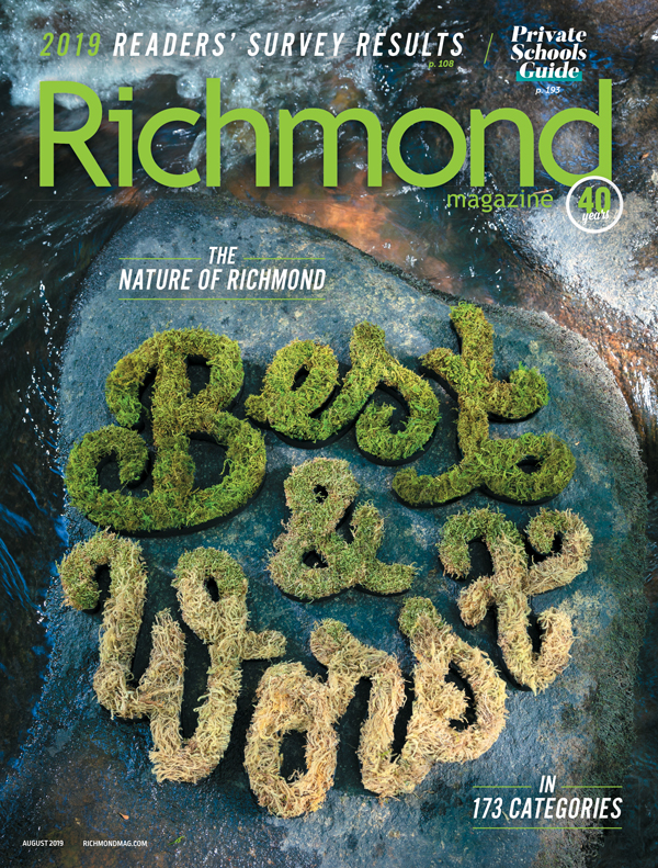 Richmond Magazine cover for August 2019 featuring the text 'Best & Worst' crafted from moss and natural elements, highlighting the nature of Richmond and the results of the 2019 readers' survey in 173 categories.