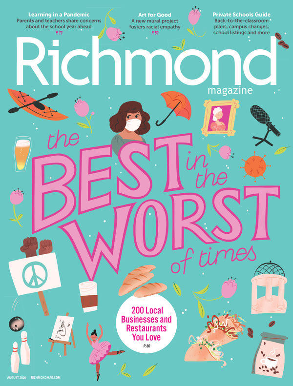Richmond Magazine cover for August 2020 featuring a vibrant illustration with the headline 'The Best in the Worst of Times,' highlighting 200 local businesses and restaurants, alongside themes of pandemic resilience, art for good, and education during challenging times.