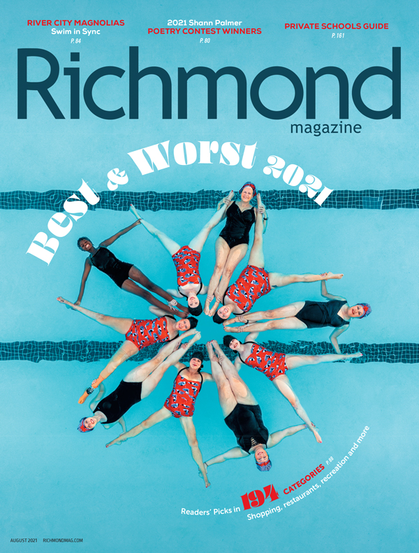 Richmond Magazine cover for August 2021 featuring a synchronized swimming team in a pool, celebrating the 'Best & Worst 2021' issue, highlighting top picks in 194 categories including shopping, restaurants, recreation, and more.