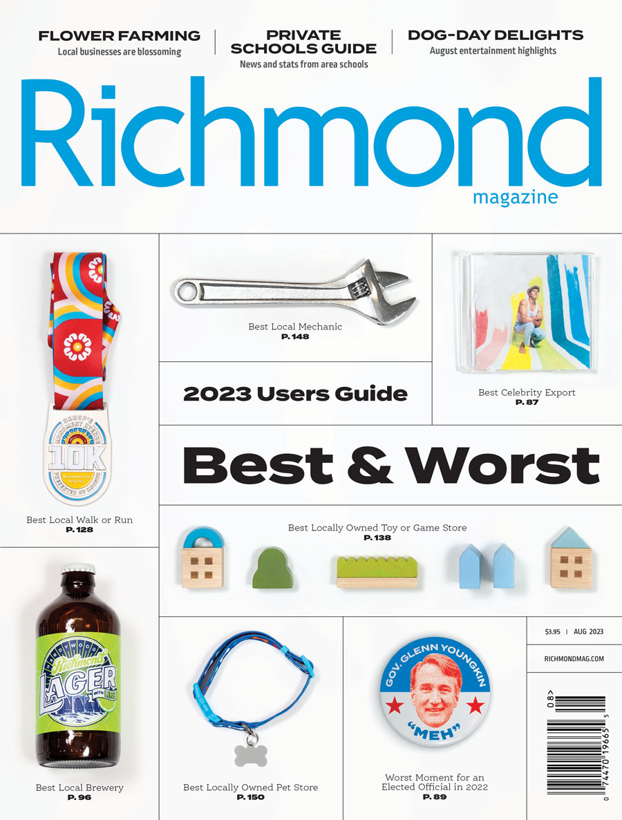 Richmond Magazine cover for August 2023 featuring the 'Best & Worst' 2023 Users Guide, highlighting categories such as Best Local Brewery, Best Local Mechanic, Best Locally Owned Toy or Game Store, and Worst Moment for an Elected Official, with various items representing each category.