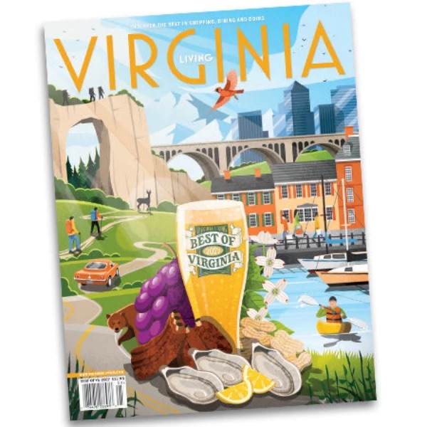 Cover of Virginia Living magazine featuring colorful illustrated artwork with beer, oysters, peanuts, grapes, and scenic views; labeled ‘Best of Virginia.’ Highlights award recognition for top businesses and local favorites.