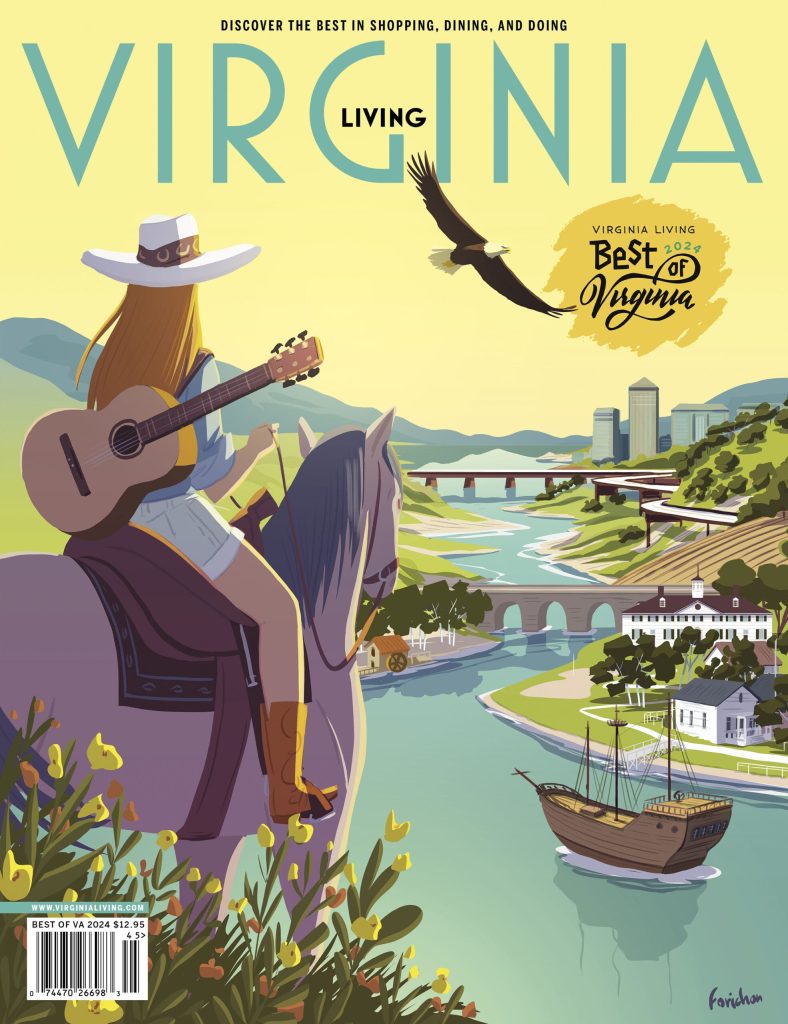 Virginia Living magazine cover from 2024 featuring a scenic illustration of a woman on horseback with a guitar, overlooking Virginia’s rivers, towns, and bridges. Badge says ‘Best of Virginia 2024.