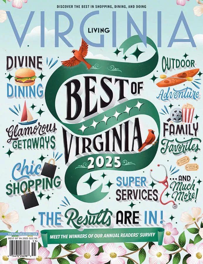 Virginia Living magazine cover for 2025 with retro-inspired illustrations and bold typography reading ‘Best of Virginia 2025.’ Surrounded by icons for dining, shopping, family favorites, and super services.