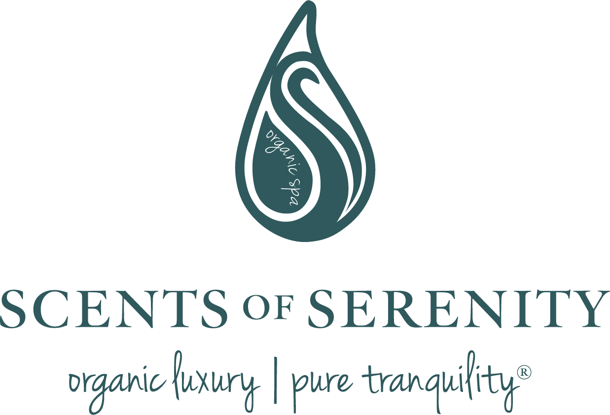 Scents of Serenity Organic Spa logo featuring a flowing water droplet design with an elegant "S" inside and the tagline "organic luxury | pure tranquility®"